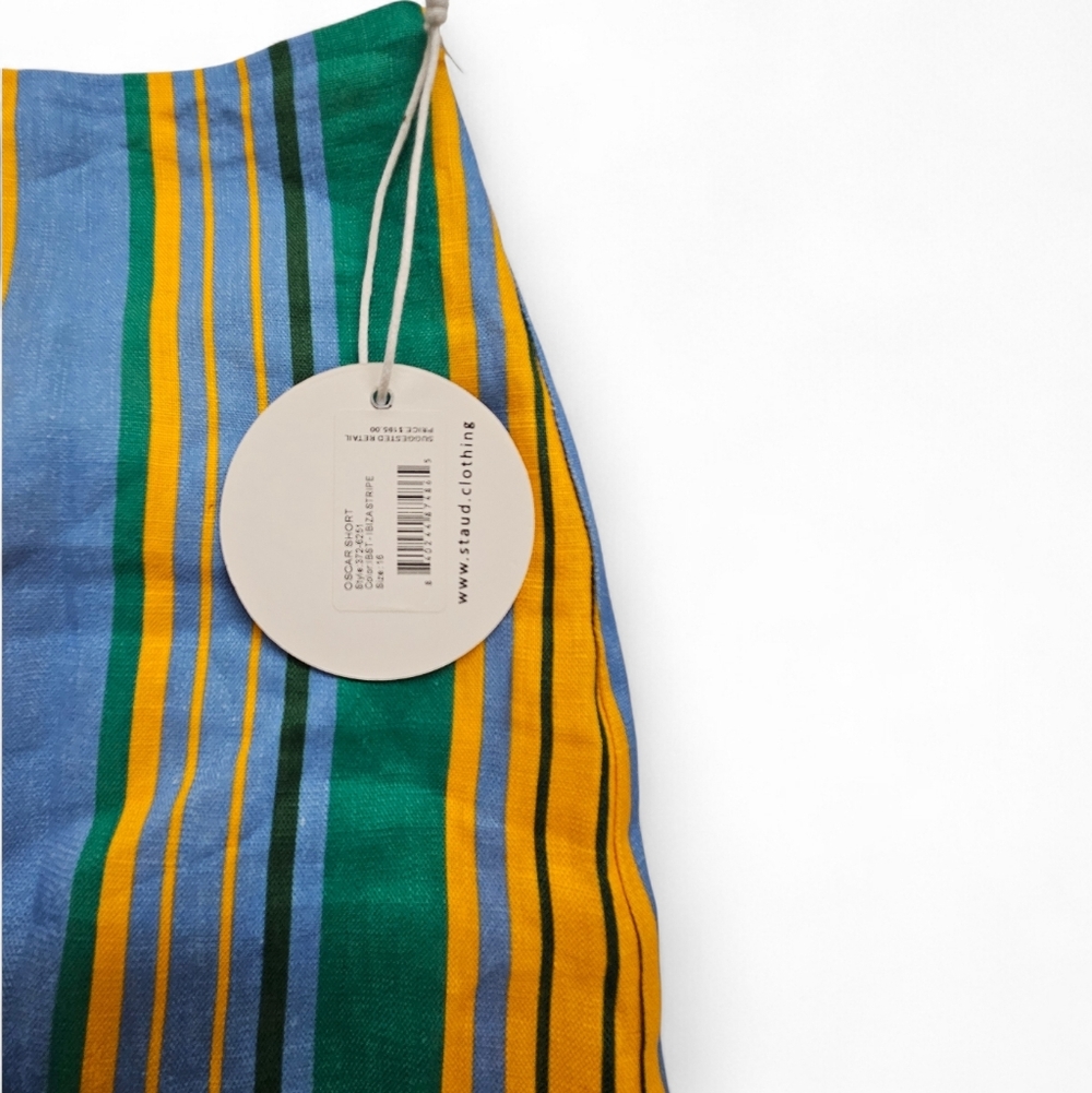 Staud Oscar Striped Linen Shorts In Blue And Orange Ibiza Stripe Size 16 NWT - Picture 8 of 14